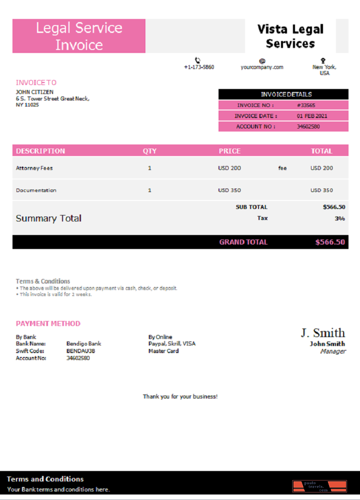 USA Vista Legal Services invoice PSD template